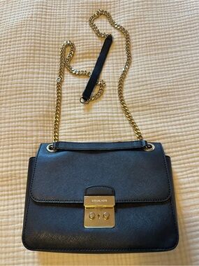 Michael Kors Black Leather Shoulder Bag with Gold Chain